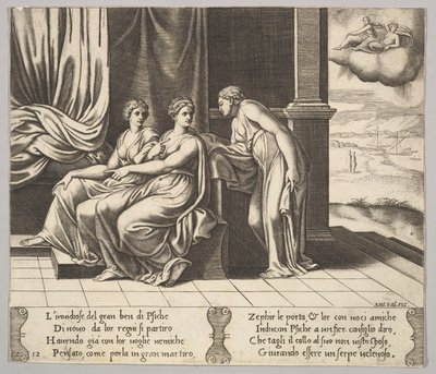 Plate 12: Psyches søstre overtaler henne at en slange ligger med henne, fra 
