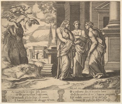 Plate 15: Psyche som forteller sine ulykker til søstrene sine, fra The Fable of Psyche, 1530-60. av Master of the Die
