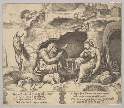 Plate 1: Apuleius forandret seg til et esel som lyttet til historien fortalt av den gamle kvinnen sp..., 1520-70. av Master of the Die