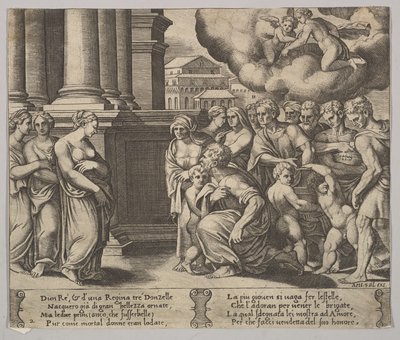 Plate 2: menneskene som gir guddommelig ære til Psyche, fra 'The Fable of Psyche', 1530-60. av Master of the Die