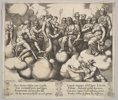 Plate 30: Venus og Amor tar sin sak i nærvær av Jupiter og andre guder..., 1530-60. av Master of the Die