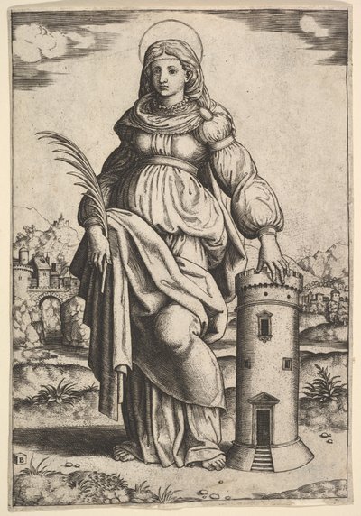Den hellige Barbara står med håndflaten i høyre hånd og hviler venstre hånd på et tårn, 1530-60. av Master of the Die