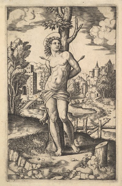 Saint Sebastian bundet til et tre gjennomboret av piler, 1530-60. av Master of the Die