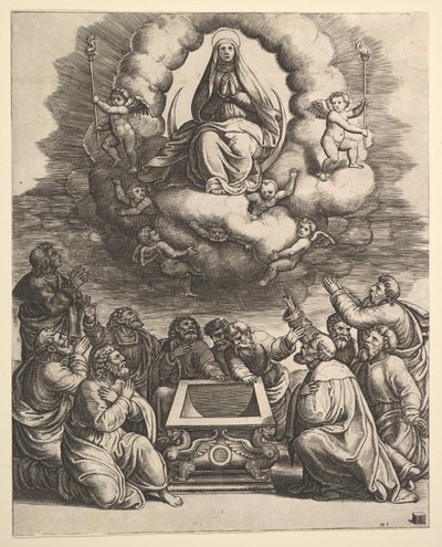 The Assumption of the Virgin, under apostlene omgir graven, 1530-60. av Master of the Die