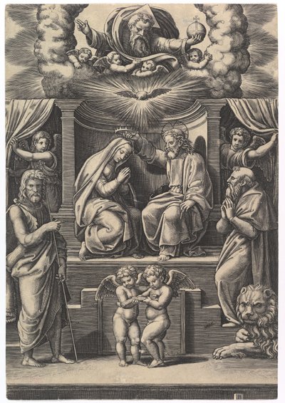 Jomfruens kroning, nederst til venstre står døperen Johannes, nede til høyre ..., 1530-60. av Master of the Die