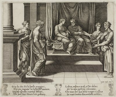 The Two Sisters of Psyche er gift med konger; ...Psyche presenteres for en konge av Master of the Die