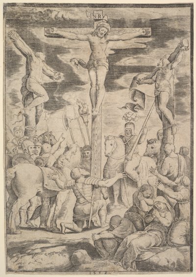 Omvendelsen av centurionen som slår armene åpne foran Kristus på korset, 1532. av Master of the Die