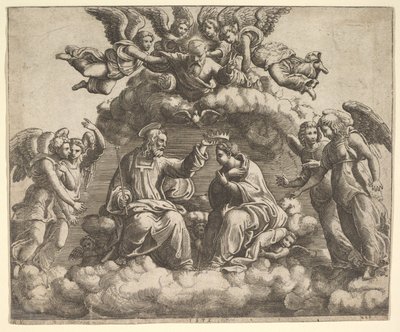 Jomfruens kroning, Kristus holder kronen over hodet hennes, Gud Faderen velsigne..., 1532. av Master of the Die