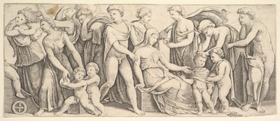 Bryllupet til Jason og Creusa, til venstre Medea tar barna hennes, 1530-60. av Master of the Die