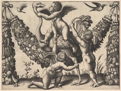 Tre putti foran en stor krans, den i midten rir på en struts, fra en ..., ca. 1530-40. av Master of the Die