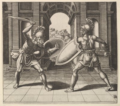 To gladiatorer som kjemper foran en bue, 1530-60. av Master of the Die