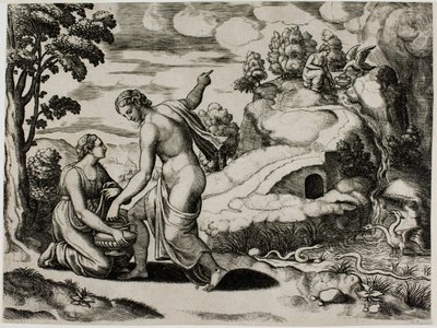Venus beordrer Psyche til å søke vann fra en fontene bevoktet av drager av Master of the Die