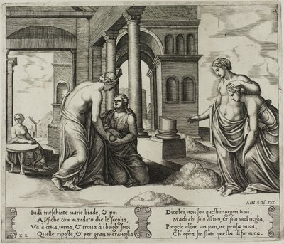 Venus beordrer Psyche til å sortere en haug med korn av Master of the Die