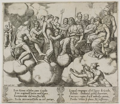 Venus og Amor ber om sin sak i nærvær av Jupiter og andre guder av Master of the Die