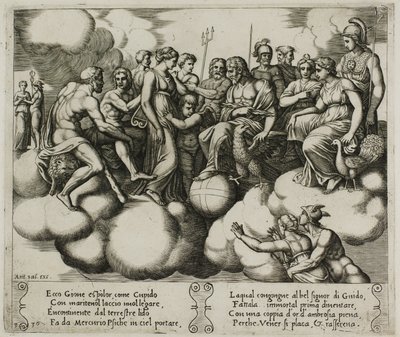 Venus og Amor ber om sin sak i nærvær av Jupiter og andre guder av Master of the Die