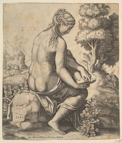 Venus fjerner en torn fra foten hennes, 1532. av Master of the Die