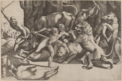 Fem menn som kjemper mot beist av Master of the Die after Giulio Romano