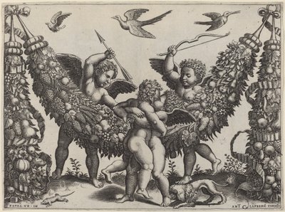 To Putti ... slår en annen som klemmer et barn av Master of the Die after Raphael