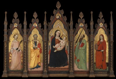 Polyptych - Jomfru og barn tronet med fire hellige av Master of the Dominican Effigies