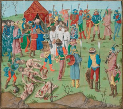 Ettervirkningene av slaget ved Nikopol: De kristne som hevn for Rahova-massakren. Jean Froissart, Krøniker, Flandern, Brugge av Master of the Dresden Prayer Book