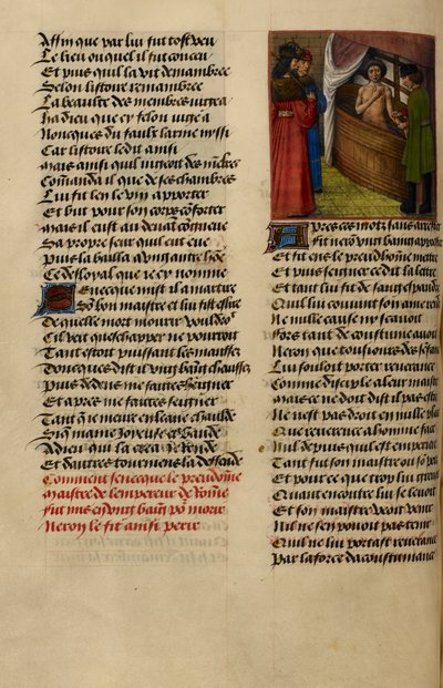 Miniatyr viser Nero som ser Senecas håndledd bli kuttet i badekaret hans fra «Le Roman de la Rose» av Master of the Dresden Prayer Books