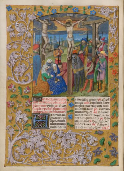 Temporale (1. porsjon: fra første søndag i advent til hellig lørdag). Korsfestelsen (langfredag). Border med blomsterdekor. To kolonner med tekst med to initialer. av Master of the Dresden Prayer Books