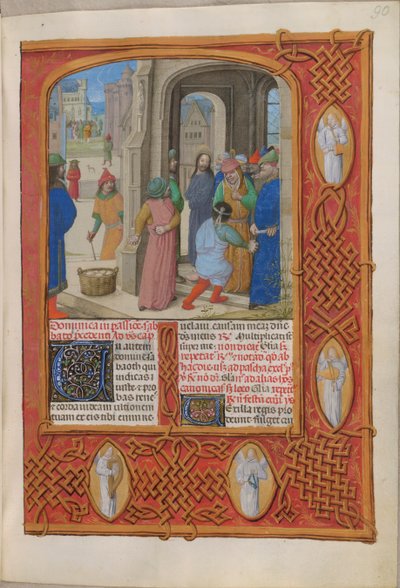 Temporale (1. porsjon: fra første søndag i advent til hellig lørdag). Jødene truer med å steine Kristus for blasfemi i Salomos tempel (pasjonssøndag). Kant som inneholder engler. To kolonner med tekst. av Master of the Dresden Prayer Books