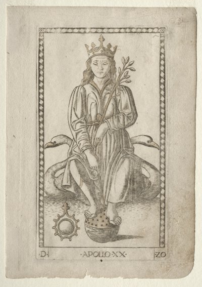 Apollo fra Tarocchi, serie D: Apollo and the Muses, #20, før 1467. av Master of the E-Series Tarocchi