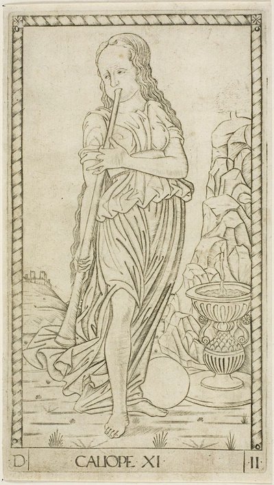 Calliope, plate elleve fra Apollo and the Muses av Master of the E Series Tarocchi