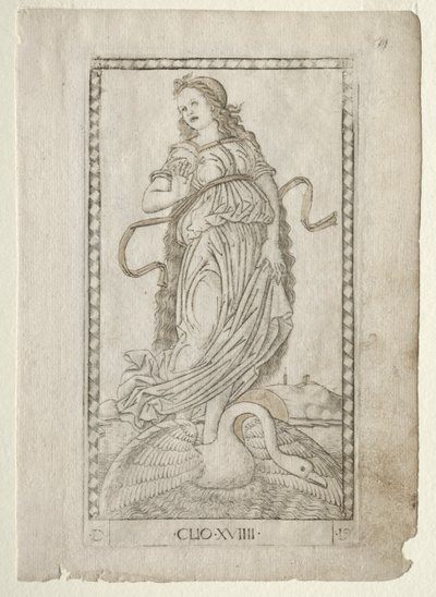 Clio-historie fra Tarocchi-serien D: Apollo and the Muses, #19, før 1467. av Master of the E Series Tarocchi
