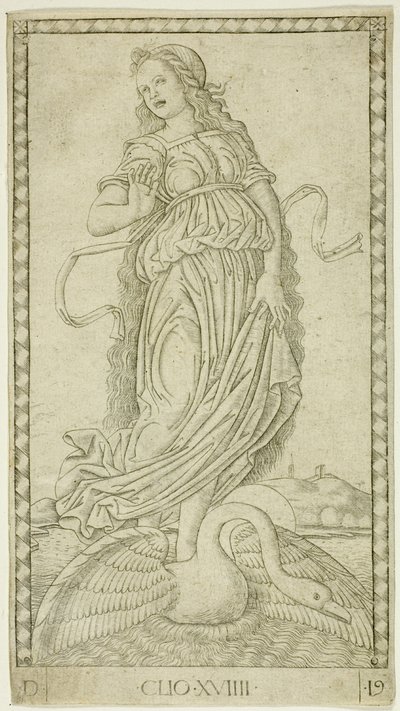 Clio, plate nitten fra Apollo and the Muses av Master of the E Series Tarocchi