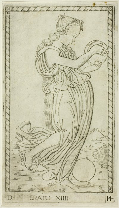 Erato, tallerken fjorten fra Apollo and the Muses av Master of the E Series Tarocchi