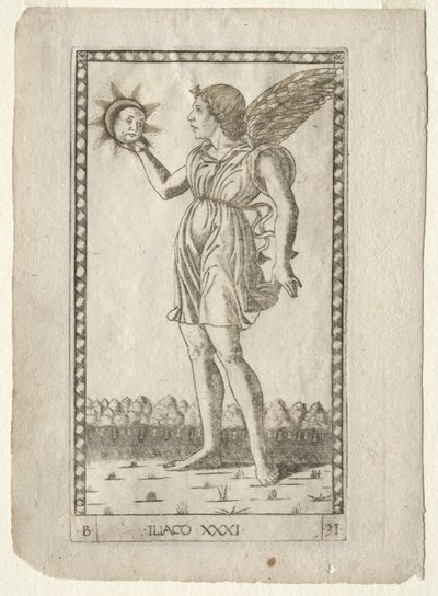 Genius of the Sun fra Tarocchi, serie B: Cosmic Principles & Virtues, #31, før 1467. av Master of the E-Series Tarocchi