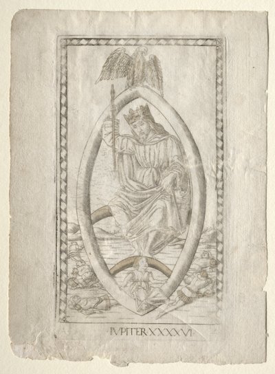 Jupiter fra Tarocchi, serie A: Firmaments of the Universe, #46, før 1467. av Master of the E Series Tarocchi