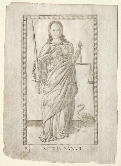 Rettferdighet fra Tarocchi, serie B: Cosmic Principles & Virtues, #37, før 1467. av Master of the E Series Tarocchi