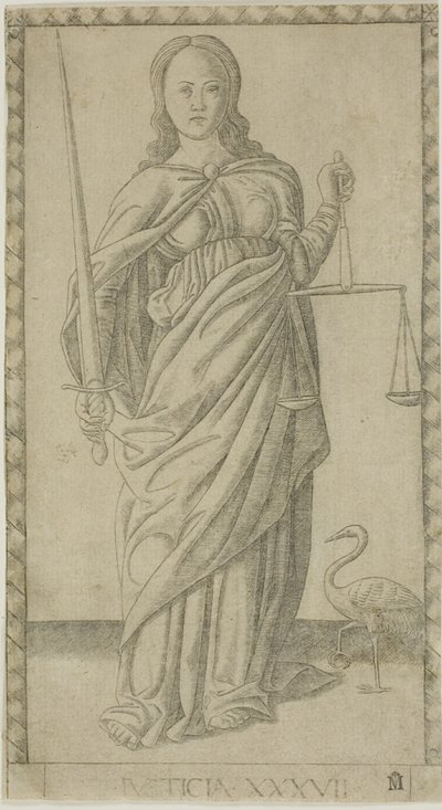 Justice, plate 37 fra Genii and Virtues av Master of the E Series Tarocchi