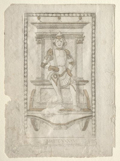 Mars fra Tarocchi, serie A: Firmaments of the Universe, #45, før 1467. av Master of the E Series Tarocchi