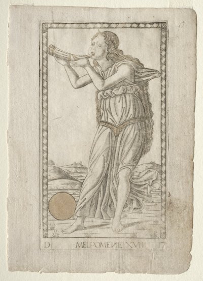 Melpomene-tragedie fra Tarocchi-serien D: Apollo and the Muses, #17, før 1467. av Master of the E-Series Tarocchi