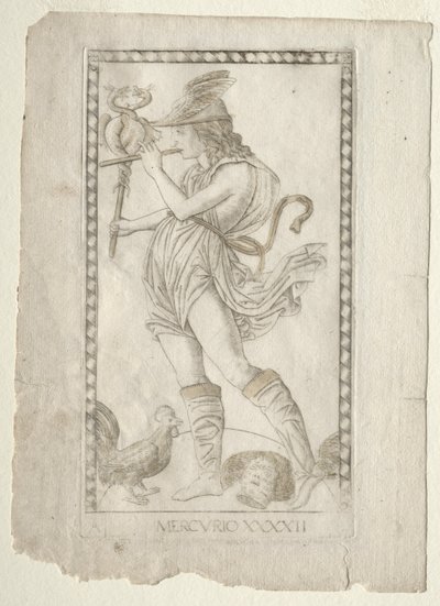 Mercury from the Tarocchi, serie A: Firmaments of the Universe, #42, før 1467. av Master of the E Series Tarocchi