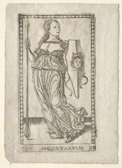 Filosofi fra Tarocchi, serie C: Liberal Arts, #28, før 1467. av Master of the E Series Tarocchi