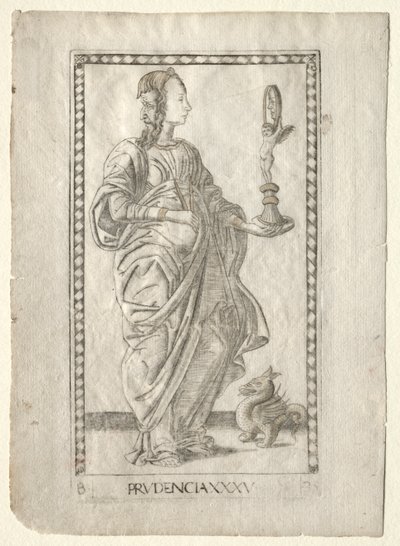 Prudence fra Tarocchi, serie B: Cosmic Principles & Virtues, #35, før 1467. av Master of the E Series Tarocchi