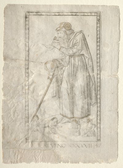 Saturn fra Tarocchi, serie A: Firmaments of the Universe, #47, før 1467. av Master of the E-Series Tarocchi