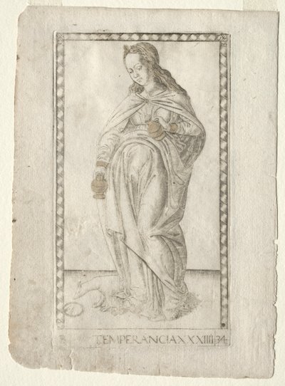 Temperance fra Tarocchi, serie B: Cosmic Principles & Virtues, #34, før 1467. av Master of the E Series Tarocchi