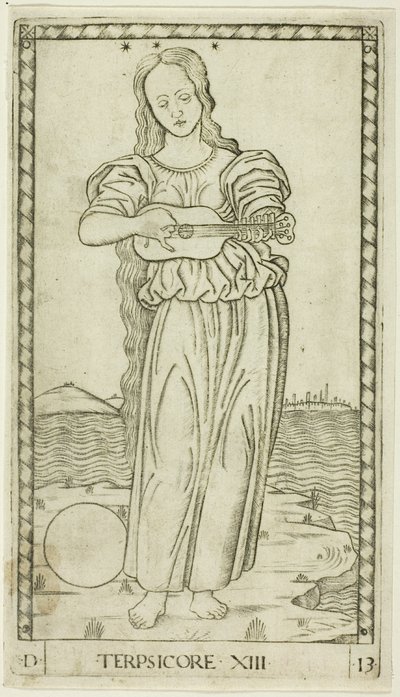 Terpsichore, plate tretten fra Apollo and the Muses av Master of the E-Series Tarocchi