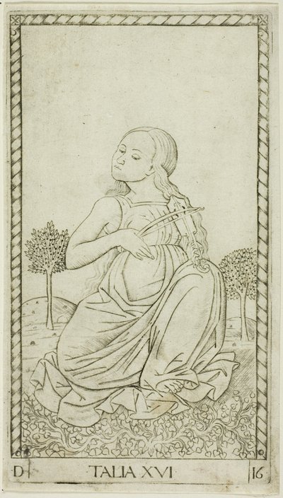 Thalia, plate seksten fra Apollo and the Muses av Master of the E Series Tarocchi