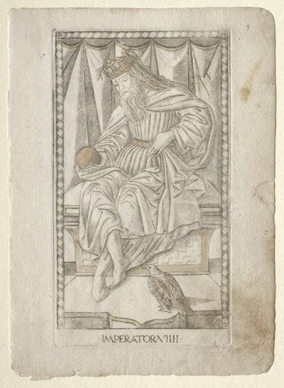The Emperor from the Tarocchi, serie E: Conditions of Man, #9, før 1467. av Master of the E-Series Tarocchi