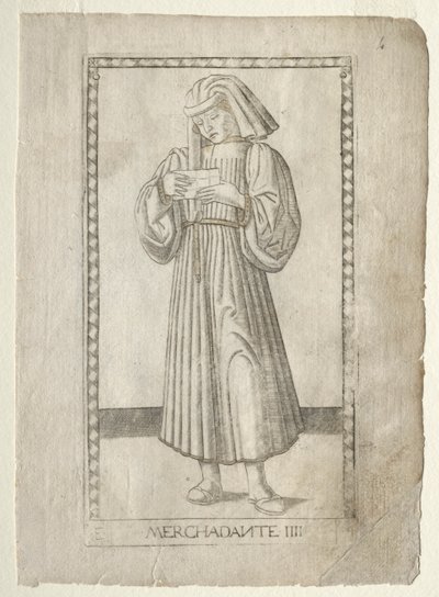 The Merchant from the Tarocchi, serie E: Conditions of Man, #4, før 1467. av Master of the E Series Tarocchi