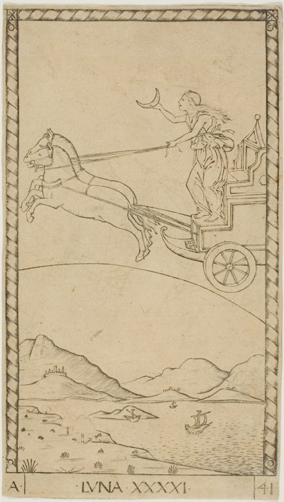 Månen, plate 41 fra Planets and Spheres av Master of the E Series Tarocchi