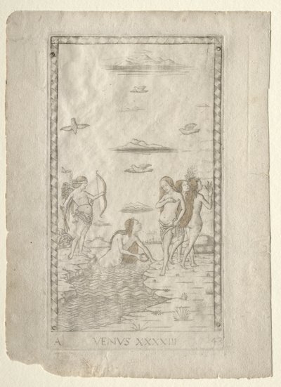 Venus fra Tarocchi, serie A: Firmaments of the Universe, #43, før 1467. av Master of the E Series Tarocchi