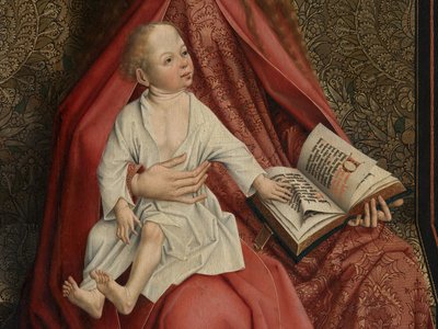 Detalj av Madonna Crowned by Angels (olje på panel) av Master of the Embroidered Foliage